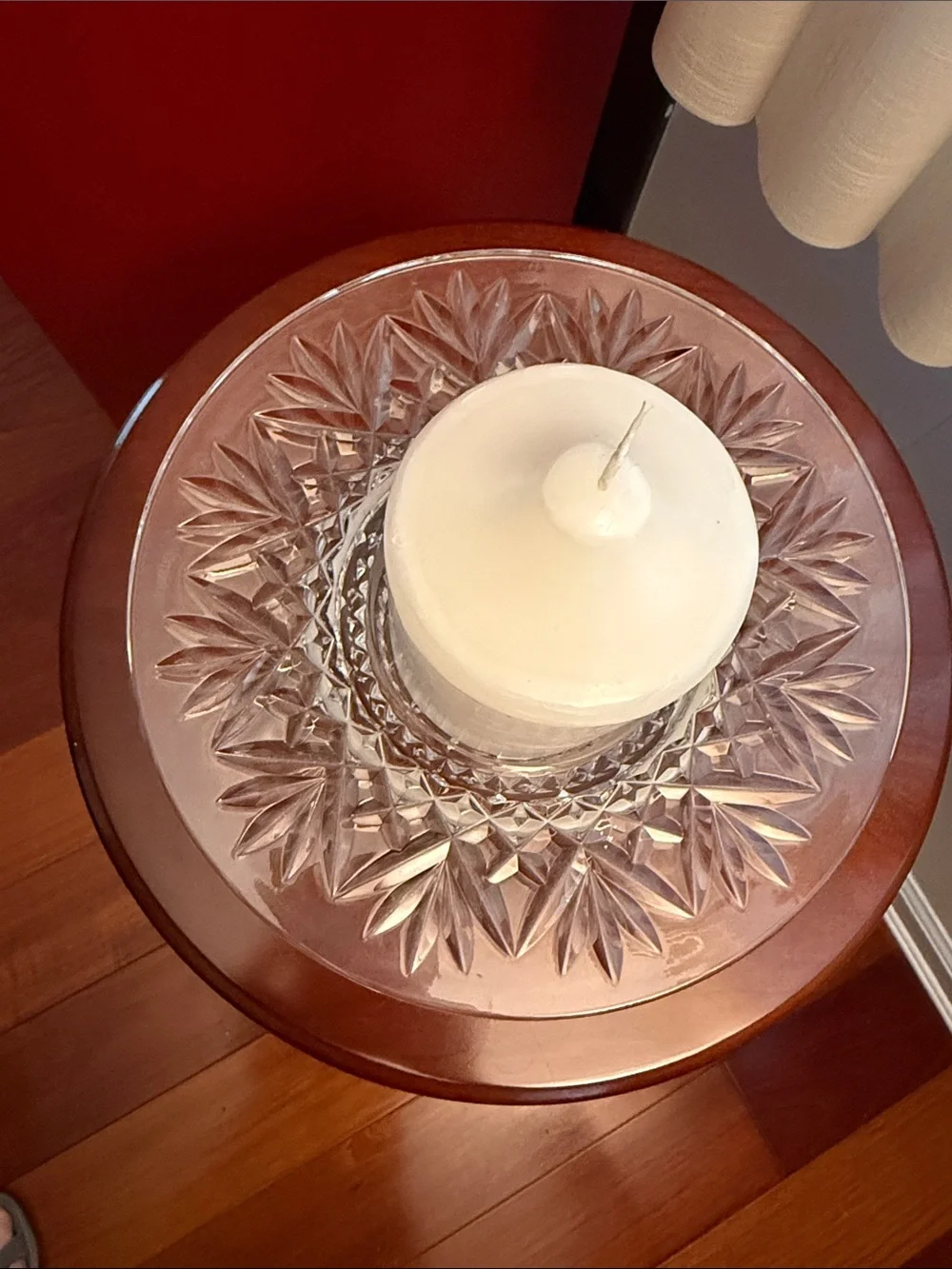 Waterford Crystal Clear Cut Glass Candle Plate with White Pillar